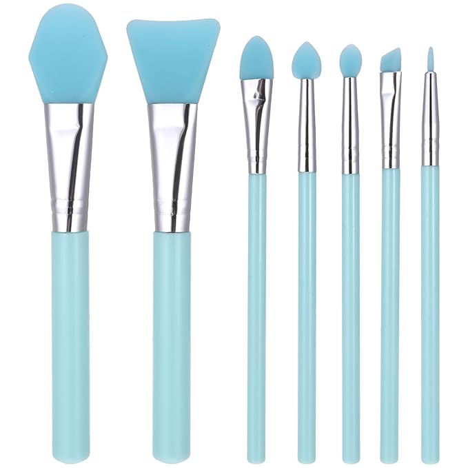 7 Pcs Silicone Brush Applicator Kit, Flexible Soft UV Epoxy Art Crafting, Facial Skincare Tools, includes Facial Mask Spatula, for Cream Makeup Face Mud Clay Mask Moisturizers (Blue)