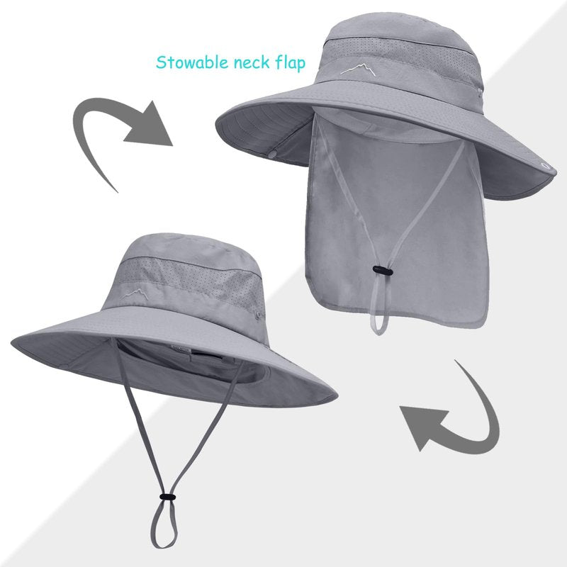 Sun Hats for Men Women, UPF50+ Protection Safari Hat,Wide Brim Fishing Hat with Neck Flap,Bucket Hats for Beach Hiking Darkgrey