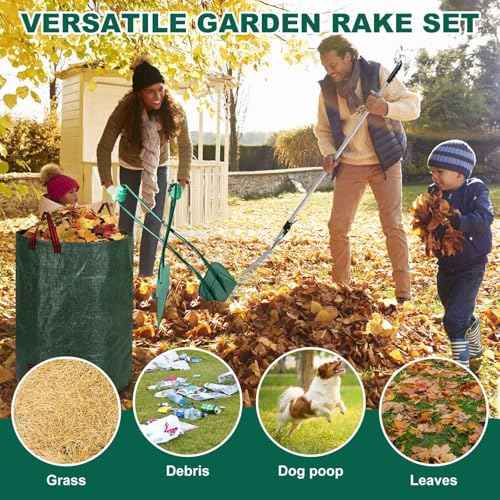 Leaf Grabber and Adjustable Metal Rake Set with Long Handle, 79-Gallon Reusable Yard Waste Bags & Gloves ? Complete Leaf Collector Tool Kit