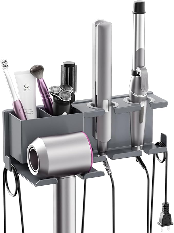 YSD Hair Dryer Holder Wall Mounted, Metal Hair Tools Organizer, Hair Dryer Holder for Blow Dryer, Curling Iron, Straightener, 3 in 1 Bathroom Hair Tool Organizer, Grey