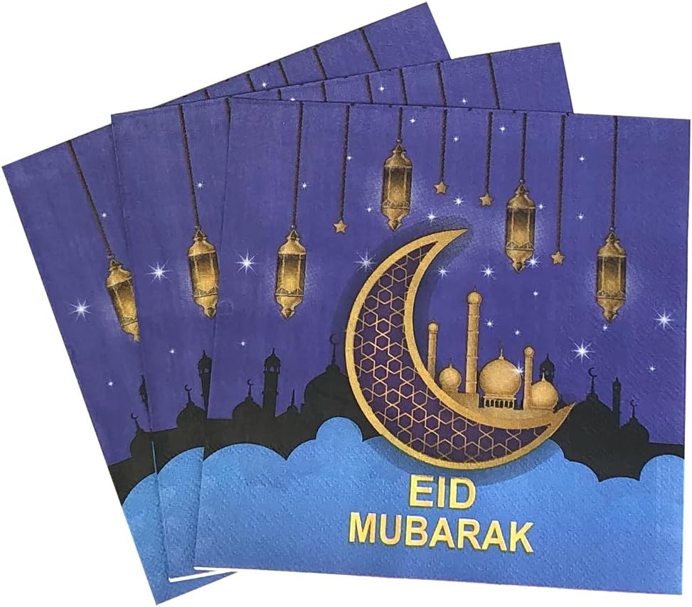 40Pcs Eid Mubarak Ramadan Napkins Eid Mubarak Party Supplies Disposable Paper Napkins Gold Stars Moon for Muslim Kitchen Holiday Party 6.5in(Blue)