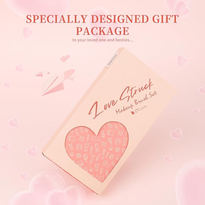 DUcare Valentine's Day Gift Makeup Brushes 14Pcs Love Makeup Brush Set Premium Synthetic Kabuki Foundation Blending Face Powder Blush Concealers Eye Shadows Brushes