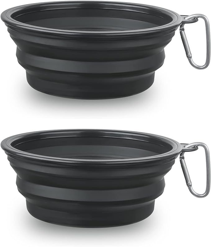 Large Dog Bowl Pet Collapsible Bowls, 2 Pack Collapsible Dog Water Bowls for Cats Dogs, Portable Pet Feeding Watering Dish for Walking Parking Traveling with 2 Carabiners (Large, Black+Black)