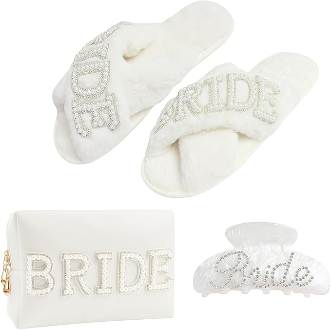 Bridal Shower Gifts, Bride to Be Letter Makeup Bag with Pearl Rhinestone Fuzzy Bride Slippers, Hair Clip Wedding Engagement Gifts for Her, Bachelorette gifts