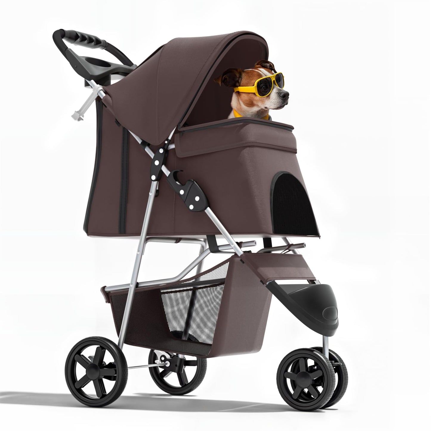 Magshion 3-Wheel Pet Stroller, Foldable Travel Jogger for Small & Medium Dogs & Cats (Up to 33lbs), Lightweight Carrier with Breathable Mesh Cover, Cup Holder & Storage Basket, Coffee