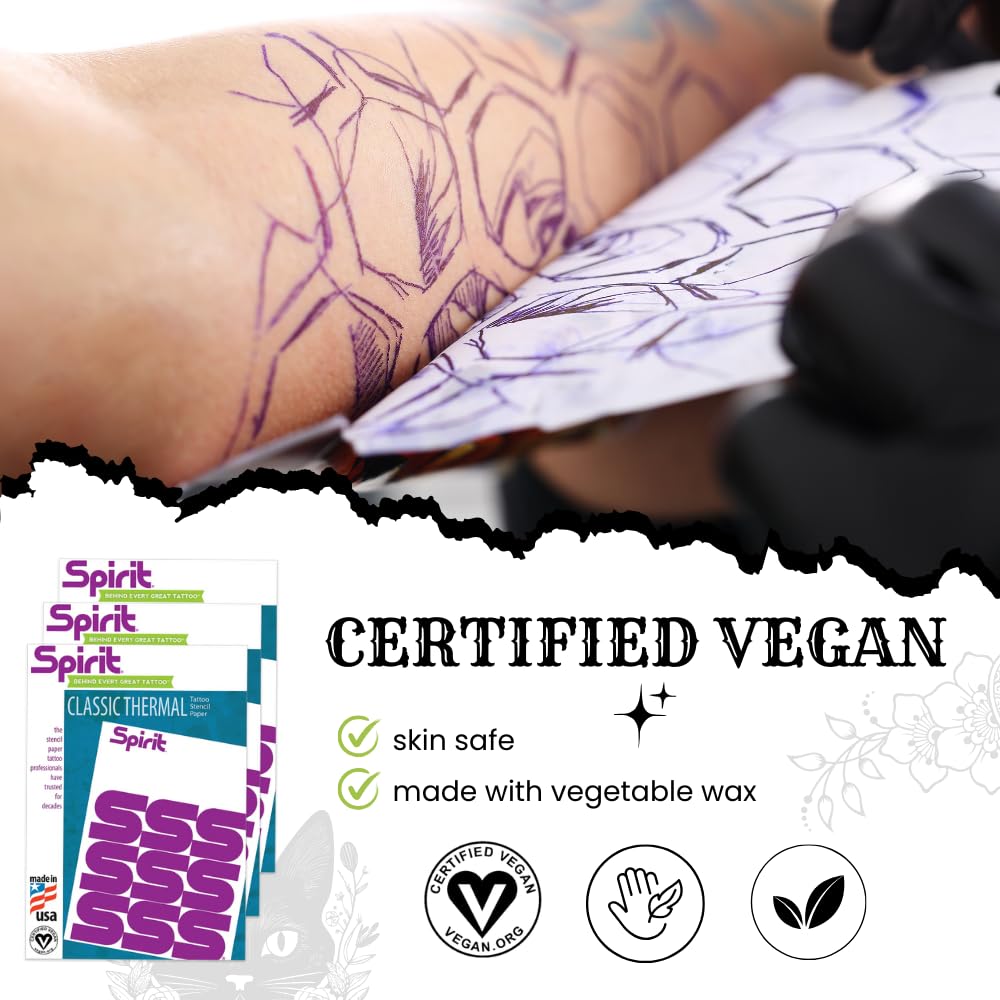 Spirit® Brand Tattoo Transfer Paper Freehand Thermal for Stencils, 8.5" x 14" - 100 Sheets, Certified Vegan, Proudly made in the USA