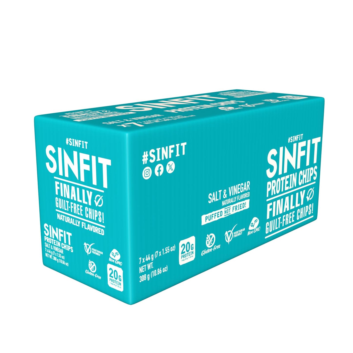 SinFit Protein Chips, 20g Protein/Bag, 50g-Bag, High Fiber, Low Carb, Gluten Free,7/box (7 Bags, Salt & Vinegar)