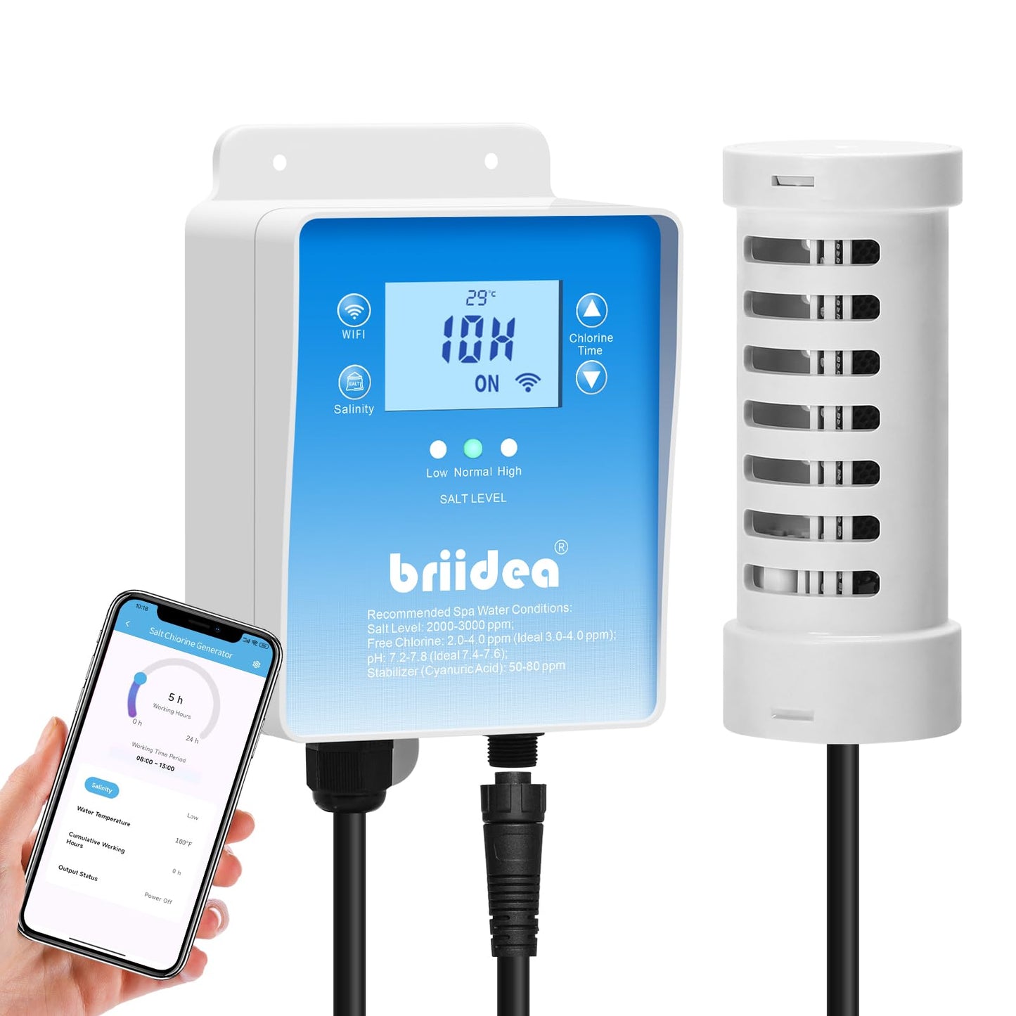 WiFi Salt Chlorine Generator, Briidea Chlorine Generator with USA Titanium Salt Cell, APP Monitoring & Real-Time Salt Alerts, for Swim Spas Up to 2,000 Gallons
