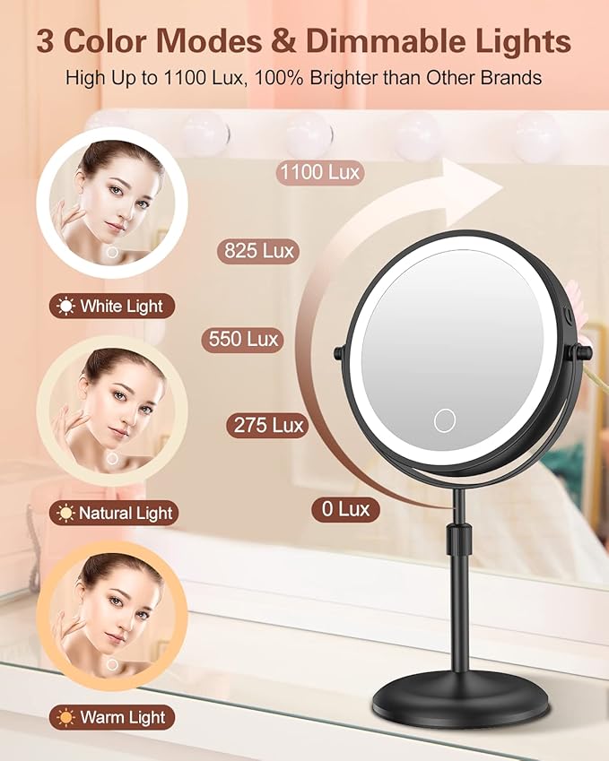 Benbilry Lighted Makeup Mirror with 10X Magnification & 3 Color Lights, Adjustable Brightness & Height, 7 Inch 360° Swivel Rechargeable LED Magnifying Make Up Vanity Mirror with Lighting (Black)