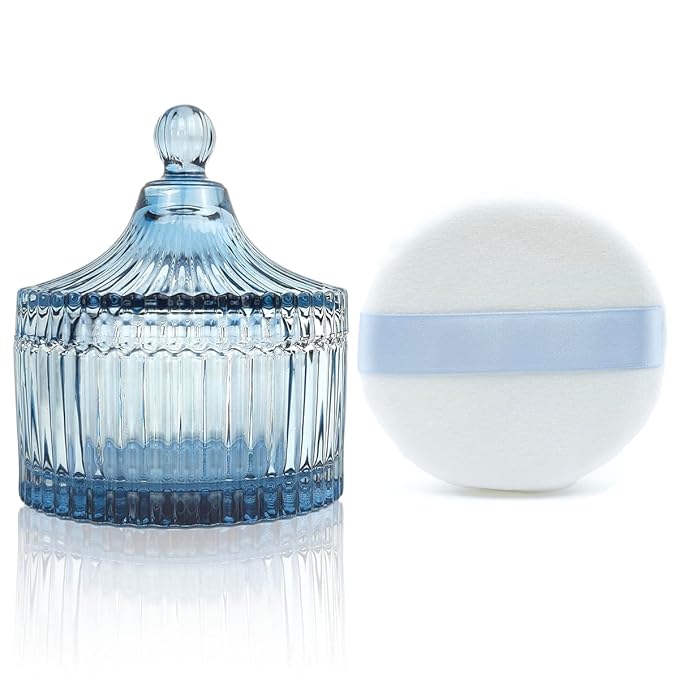 Ultra Soft Powder Puff and Container 3.3" High Density Velvet Dusting Washable Reusable Powder Puff,Body Powder Puff and Glass Jar Holder Loose Powder Box with Puff for Face Makeup(Grey-blue)