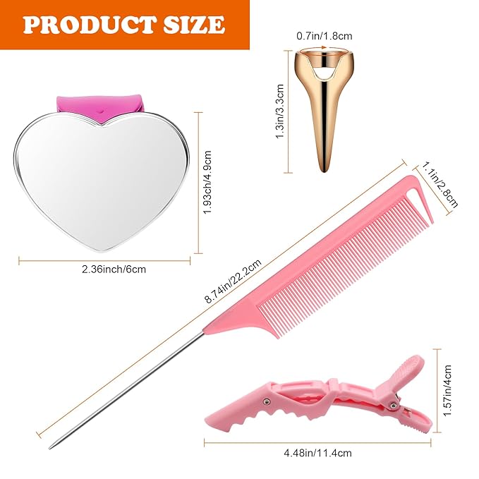 17 Pieces Hair Parting Tools Set Heart, Included 8P Hair Parting Ring 2P Metal Rat Tail Comb 6P Hair Sectioning Clip with 1P Magnetic Wrist Sewing Pin Holder for Braiding (Pink)