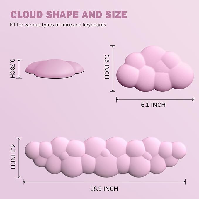 Cloud Keyboard Wrist Rest Pad Set, Enlarge PU Leather Memory Foam Cushion Support, Easy Typing Pain Relief, Mouse Rest Pad, Non-Slip Support for Home, Office, Pink