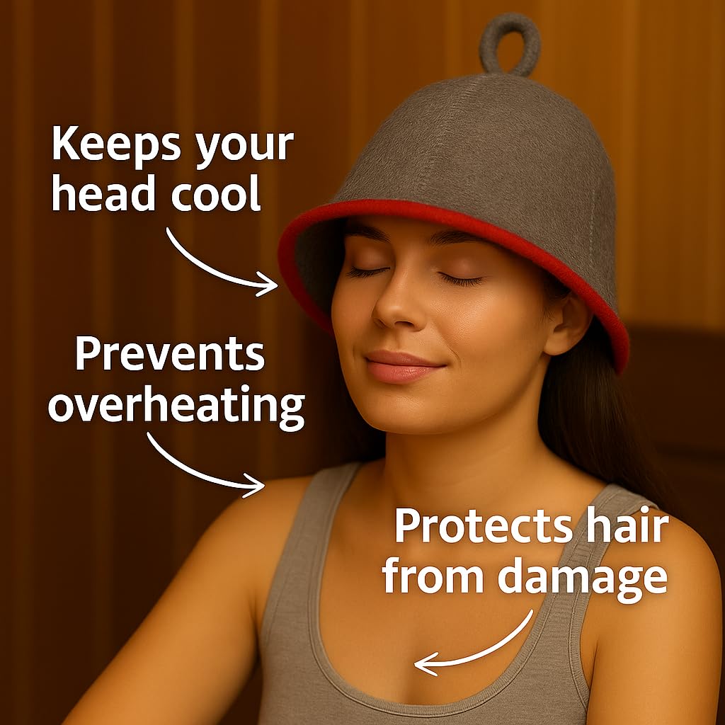 Premium Sauna Hat – 100% Natural Wool, Handmade Sauna Headwear for Men and Women – Eco-Friendly, Breathable, Insulating Hat for Sauna, Steam Room, Banya, and Bathhouse – One Size Fits All, Grey-Red