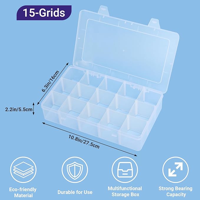 Storage Box with Dividers, 15-Grid Extra Large Plastic Storage Case for Nail Art Decoration, Clear Fake Nail Organizer Container with Lids for Acrylic Nails Tip, Rhinestone, Bead, Charm, Craft
