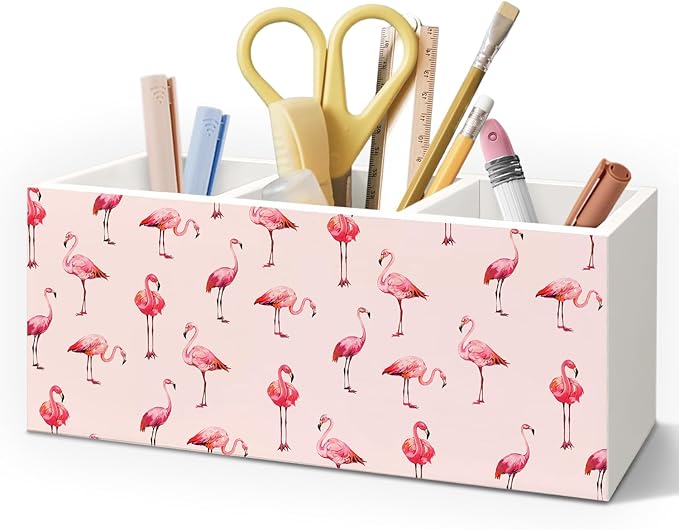 Pink Flamingo Wooden Pen Pencil Holder for Desk Accessories, Pink Flamingo Gifts for Women, Preppy Wood Makeup Brush Toothbrush Holder Organizer for Vanity Bathroom