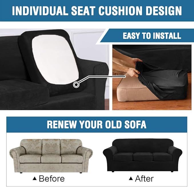 H.VERSAILTEX Rich Velvet Stretch 2 Piece Cover Chair Slipcover Sofa Cover Furniture Protector Couch Soft with Elastic Bottom Chair Couch Cover with Arms Width Up to 49 Inch(Chair, Black)