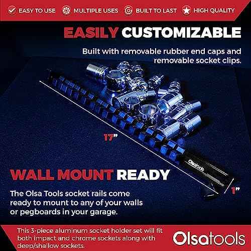 Olsa Tools Socket Organizer Set (3pc, Black) - Socket Holder and Socket Rail for 1/2-Inch, 3/8-Inch, and 1/4-Inch Drive Sockets - Holds 58 Chrome or Impact Sockets - Professional-Grade - Part: 1023