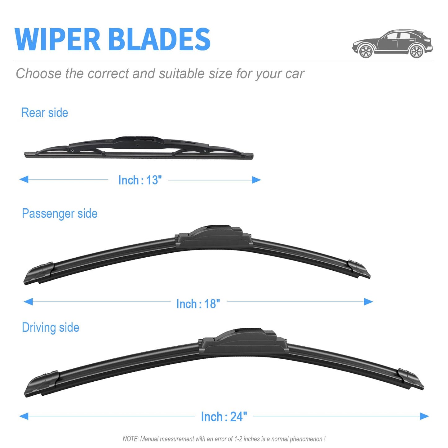 Gavimnal® 24"+18"+12" Silicone Wiper Blades Replacement For Chevrolet Equinox 2018-2021,All-Season Front Rear Windshield Wiper Blades(Set of 3)