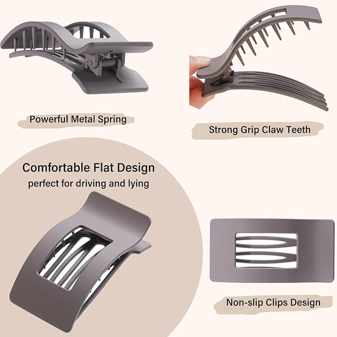 4 Pack Large Flat Hair Clips for Women, Rectangle Matte Non-slip Lay Down Claw Clips, French Strong Hold No Crease Barrettes for Thick & Thin Hair, Stylish Square Hair Accessories (Grey)