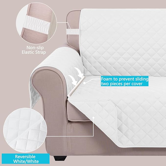 U-NICE HOME Reversible Sofa Cover Couch Cover for Dogs with Elastic Straps Water Resistant Furniture Protector for Pets Couch Cover for 3 Cushion Couch (Sofa, White/White)