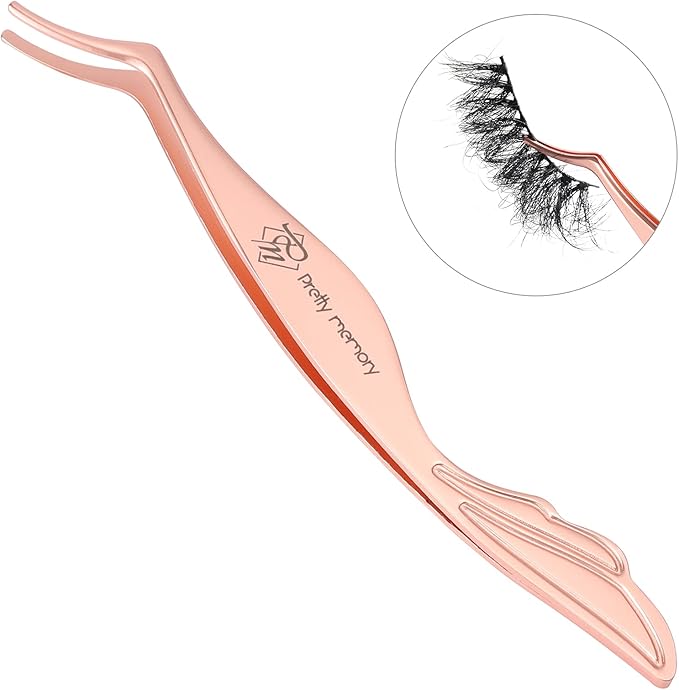 Pretty memory Eyelash Applicator Tool Stainless Steel Lash Tweezers Curved Eyelash Tweezers for Easy Lash Application and Removal, Rose Gold