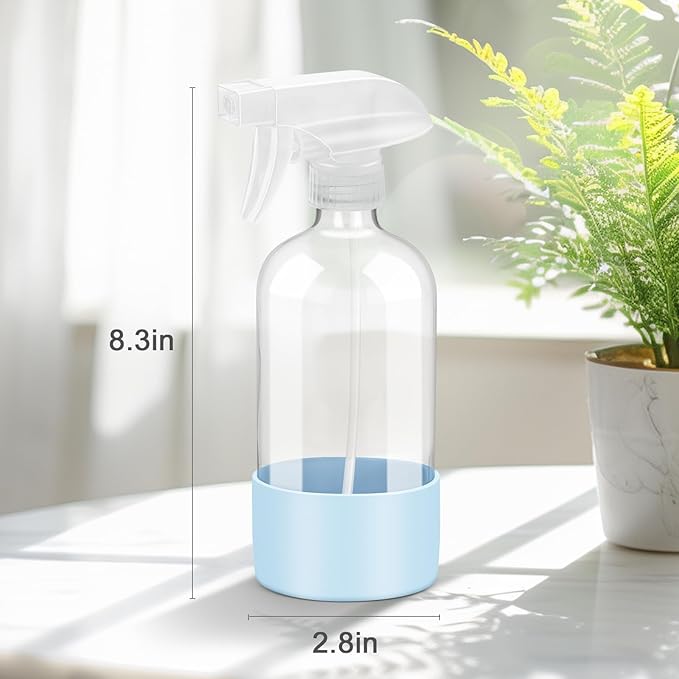 Worldgsb 2 Pack Glass Spray Bottles with Silicone Sleeve, 16 oz Empty Refillable Containers with Adjustable Spray Nozzles, Spray Bottles for Hair, Cleaning Solutions and Plants Blue&Pink