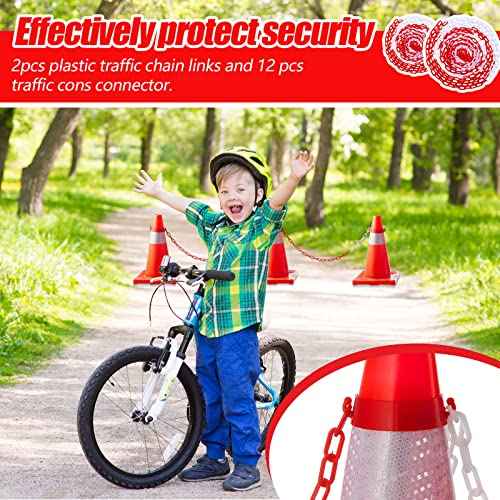64 Feet Plastic Traffic Chain Cone Chain Safety Barriers Link with 12 Pieces Traffic Cones Connector Kits for Parking Barrier Poles Constructions Home Road Driveway Parking Use, Red White