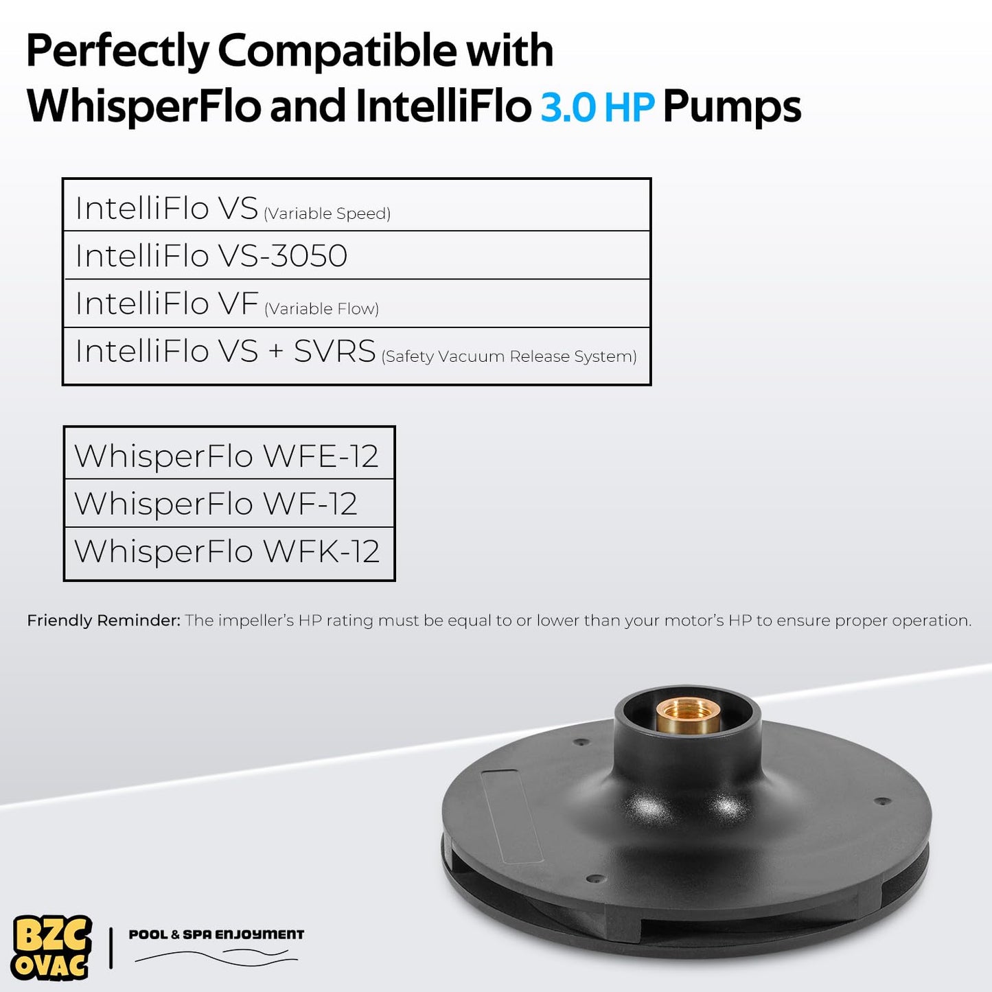 Bzcovac 073131 Impeller Compatible with WhisperFlo and IntelliFlo 3 HP Pool and Spa Pumps, Black