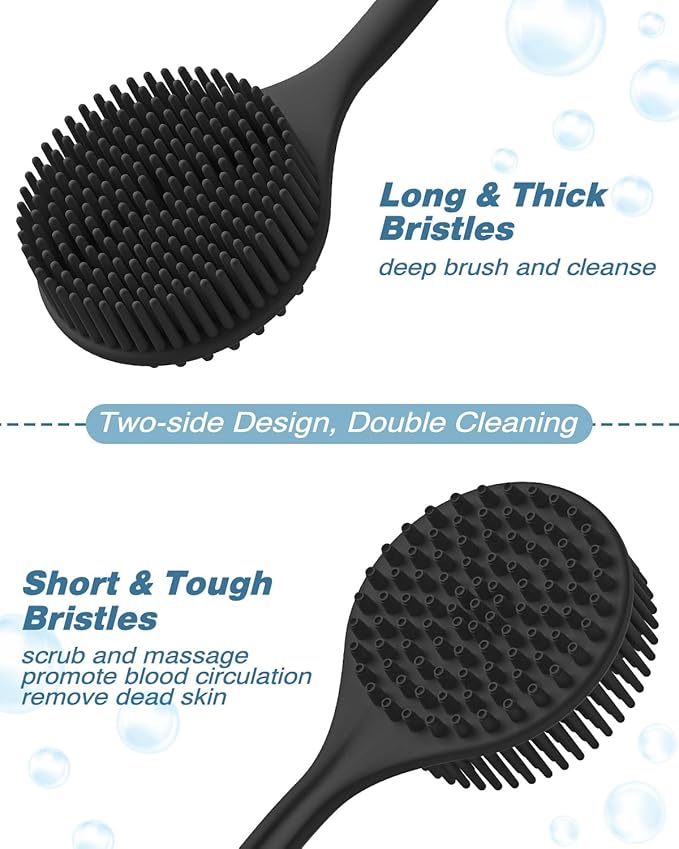 Manmihealth Silicone Back Scrubber & Soft Shower Brush, Silicone Scalp Massager, Toe Cleaning Brush Set 8 PCS, Body Foot Scrubber & Shampoo Brush Combination, with 4 Free Hooks (Style 1 Black)