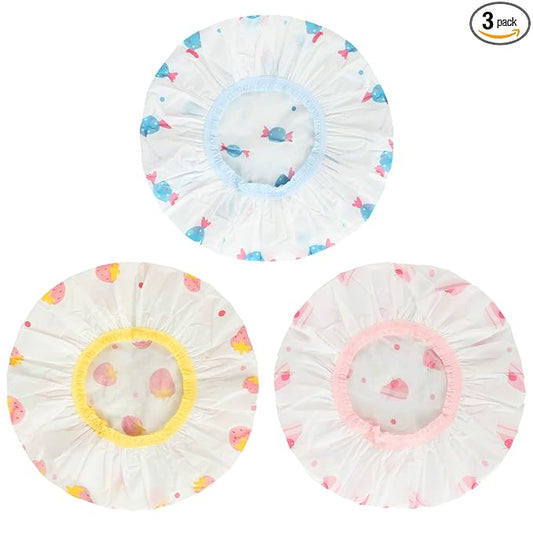 Waterproof Shower Caps, 3 Pcs Plastic Reusable Shower Caps Elastic Band Bath Caps for Women, Kids (Food)