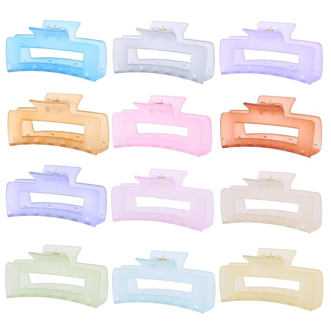 12 PCS Large Clear Square Hair Claw for Women, 4.3-Inch Matte Rectangle Clips, Strong Hold for Thick & Thin Hair