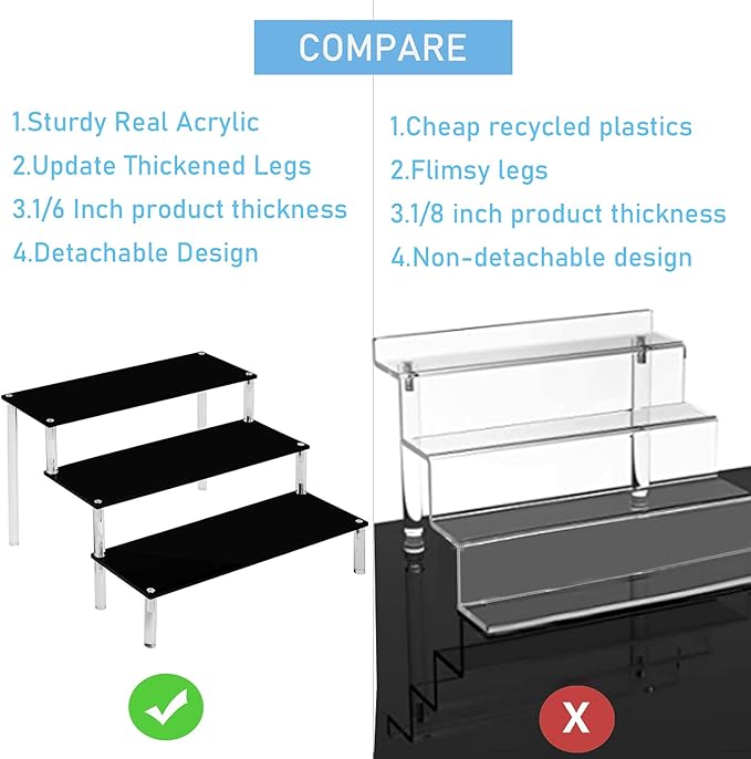 AZEAM Acrylic Riser, Black Display Risers Stand Large Collection Organizer Shelf for Cupcake Food Desserts Holder Cosmetic Products Tabletop Use and More (12 X 8 X 6 Inch) (3 Packs Black)