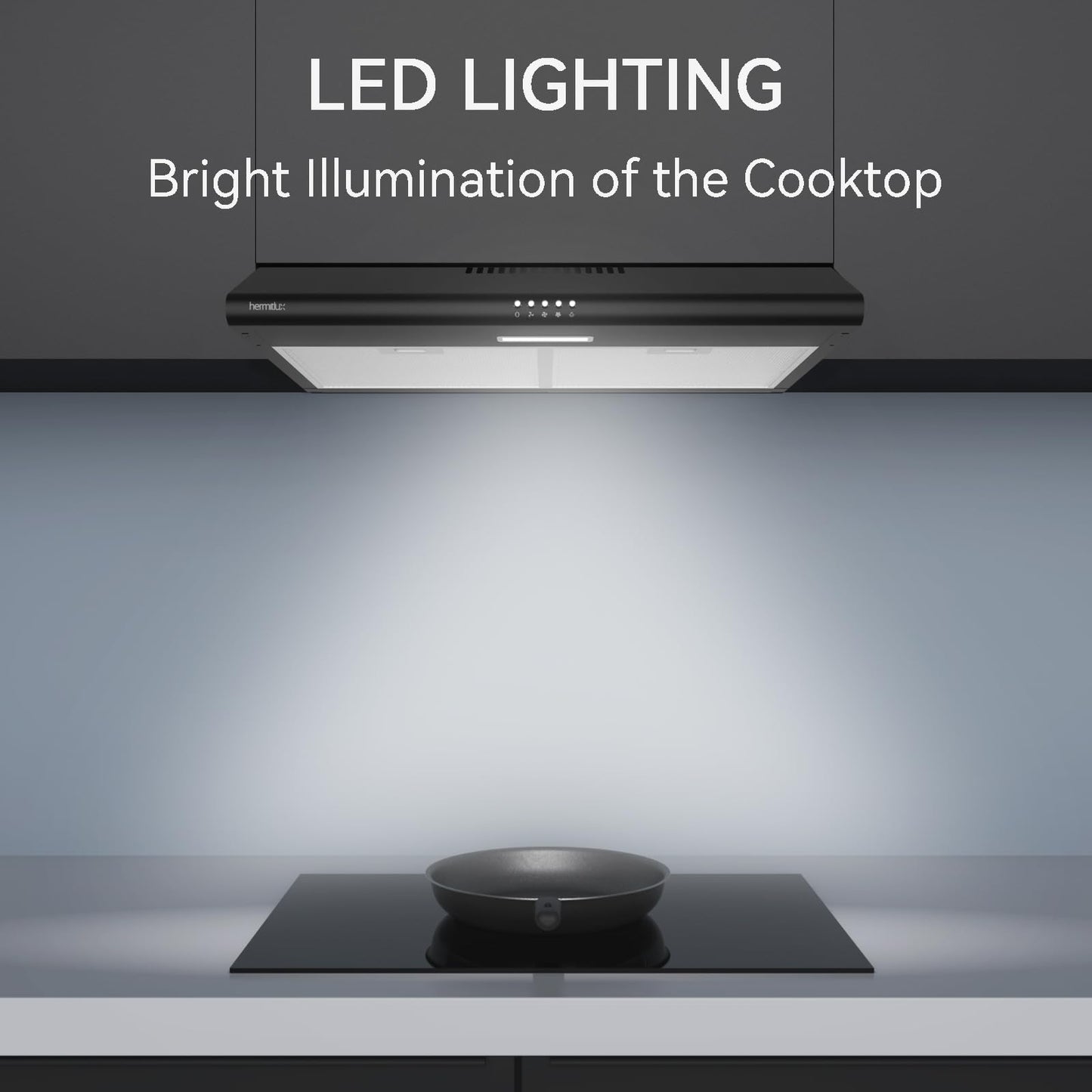 Hermitlux Under Cabinet Range Hood, 30 inch Black Vent Hood With 3 Speed Exhaust Fan, Ducted And Ductless Convertible, LED Bright Light Bulbs and Charcoal Filter