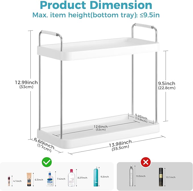 Vtopmart 2-Tier Bathroom Countertop Organizer, Vanity Dresser Counter Tray Shelf for Skincare, Perfume, Makeup, Silver