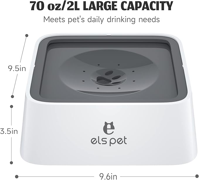 ELS PET No Spill Slow Water Feeder - Large Capacity 70oz/2L Travel Bowl for Dogs & Cats (Grey)