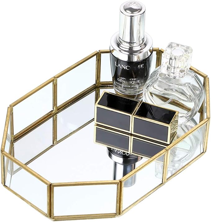 Hipiwe Mirror Glass Vanity Tray - Gold Ornate Makeup Tray Vintage Octagonal Perfume Tray Dresser Trays Jewelry Trinket Organizer for Bathroom Storage Trays for Home Decor