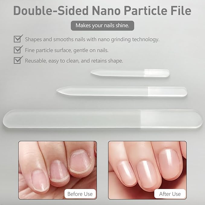 Professional 3-Piece Czech Glass Nail File Set - Handmade, Tempered Glass Files - Double-Sided, Washable, Etched for Natural Nails, Ideal Present Set