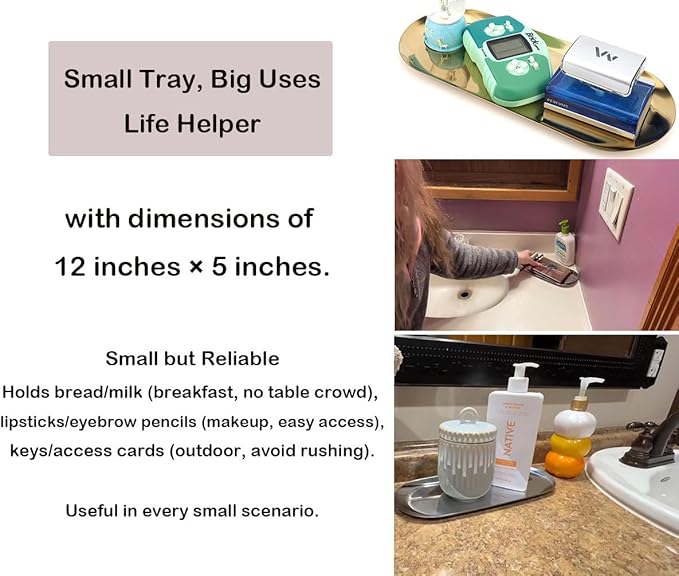 Fermus Stainless Steel Decorative Tray, Set of 2, 12 Inch Long, Jewelry Dish Cosmetics Organizer Bathroom Clutter Serving Platter Small Storage Tray, Oval, Gold