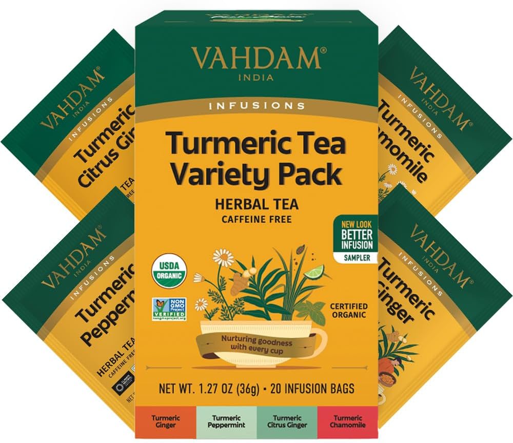 VAHDAM, USDA Organic Turmeric Herbal Tea Sampler (20 Tea Bags, 4 Flavors), Caffeine-Free, Gluten-Free |Turmeric with Citrus, Ginger, Chamomile & Peppermint Tea Variety | Individually Wrapped
