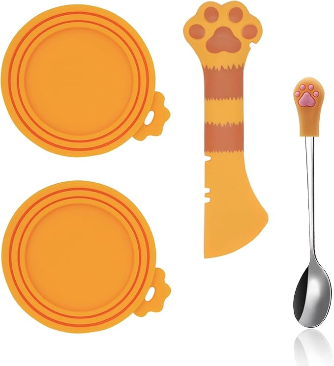 SJANE Cat Food Can Spoons & Can Lids | 4 Pcs | Multi-function Opener | Silicone Pet Food Covers | Stainless Steel Wet Food Spoon for Cats and Dogs(Orange)