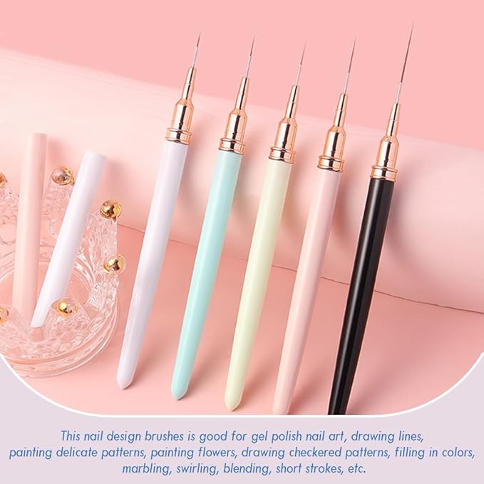 JASSINS Nail Art Liner Brushes, 5Pcs Gel Polish Painting Art Design Pen Set Striping Brushes for Thin Long Lines, Tiny Details, Fine Drawing, Delicate Coloring Sizes 7/9/11/15/25mm