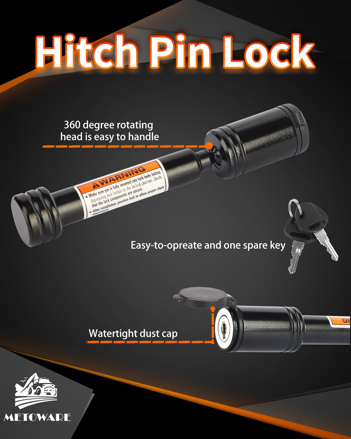 METOWARE Trailer Hitch Lock - 5/8" Dia Locking Hitch Pin, Anti-Theft Trailer Receiver Lock, Fits 2" Receiver Tubes, Class III & IV Hitch Receivers, Black (4 Pack)