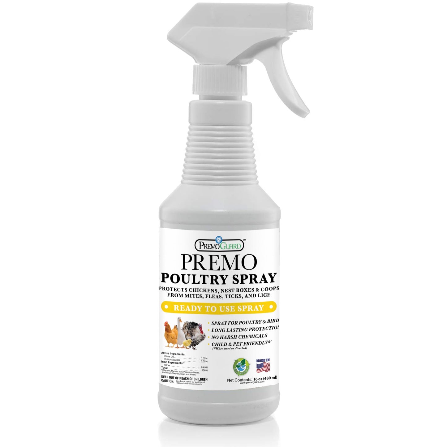 Premo Guard Poultry Spray - 16 oz - Kill Scaly Leg, Mites, Fleas, Lice, & Other Pest on Chickens and in Coops - Natural Plant Based Oils for Control, & Prevention - Family Safe with No Egg Withdrawl