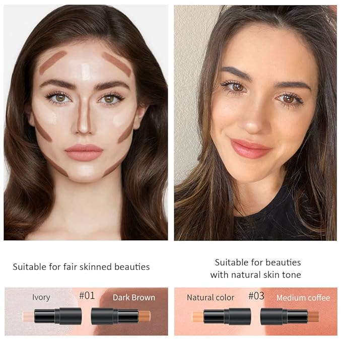 2 Colors Cream Contour Sticks Makeup Kit, Primer Face Highlighter Contouring for Beginners, Highlight and Contour Kit, Cream Concealer Makeup Blur Stick, Primer Face Corrector 3#