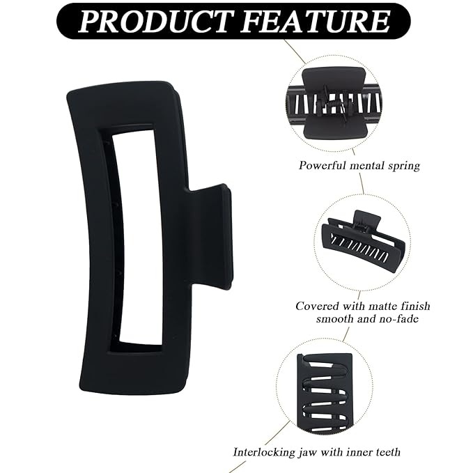 4 Pack Extra Large Hair Claw Clips for Women, 5'' Hair Clips for Thick and Long Hair, 90's Non-slip Square Jaw Clips for Curly Hair, Strong Hold Matte Hair Clamps (Black)