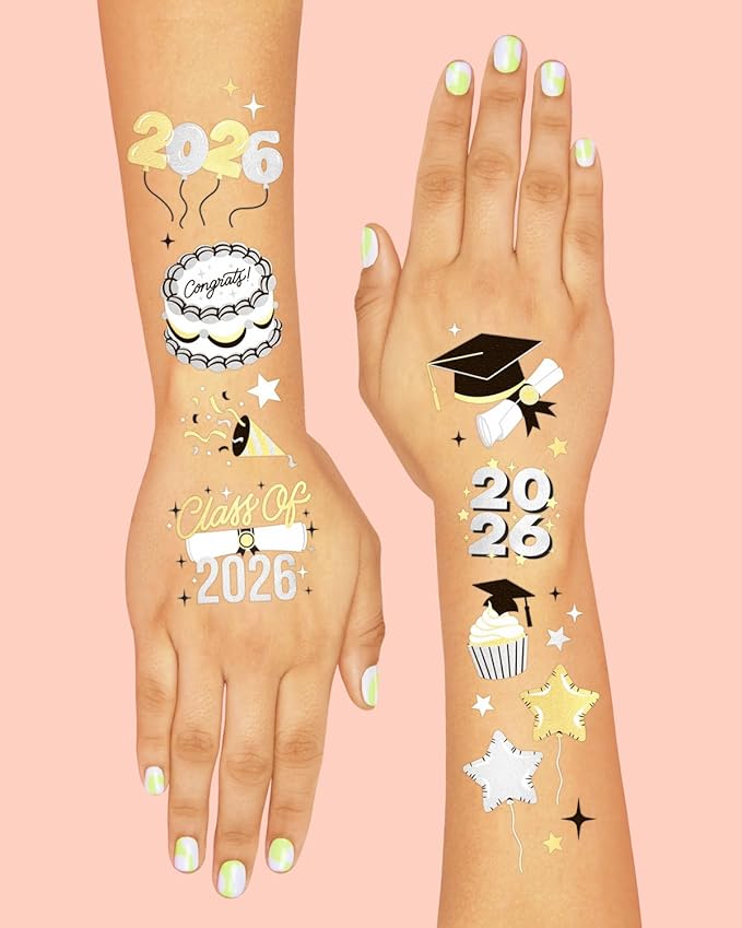 xo, Fetti 2026 Graduation Temporary Tattoos - 48 Foil Styles | New Grad Party Decorations, College Graduate Girls Accessory, High School Senior Gift, Graduation Cap Tassel Decor, Congrats Grad Favor