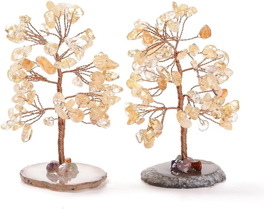 2Pcs Natural Citrine Chips Stone Tree Decorations with Agate Pedestal Display Energy Lucky Crystal Tree Ornaments Garden House Living Room Desk Office Table Home Decor Birthday Crystal Jewelry Gifts