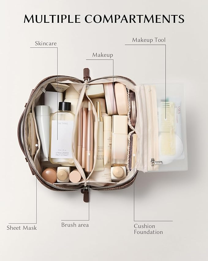 EACHY Travel Makeup Bag, Large Capacity Cosmetic Bag for Women, Waterproof PU Leather, Flat Open Portable Toiletry Bag for Skincare, Brushes & Travel Essentials