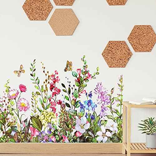 Outus Flower Wall Decals Floral Butterfly Wall Stickers Wildflower Greenery Wall Decor Removable Peel and Stick Art Murals for Kids Room Nursery Bedroom Living Room Home(19.69 x 27.56 Inch)