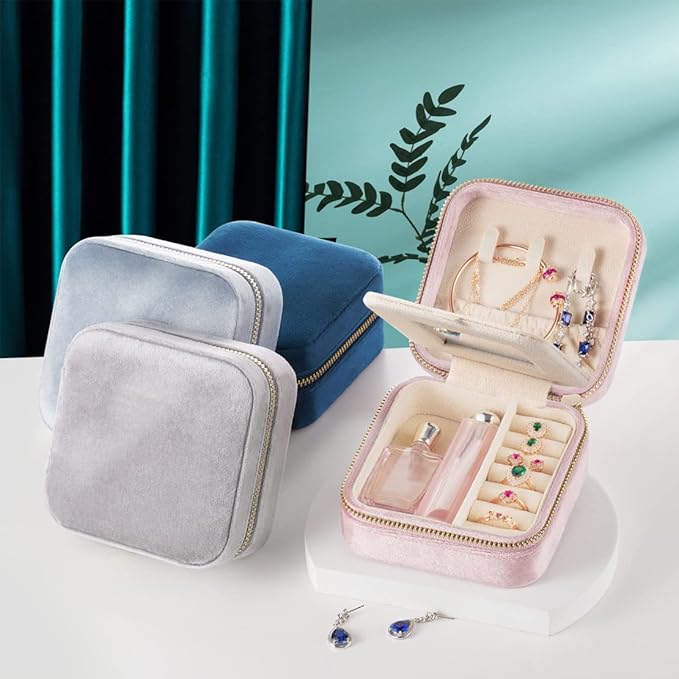 Plush Velvet Travel Jewelry Case,Mini Jewelry Box,Small Jewelry Organizer Portable Display Jewelry Storage Case, for Girls Women (NavyBlue-With Mirror)